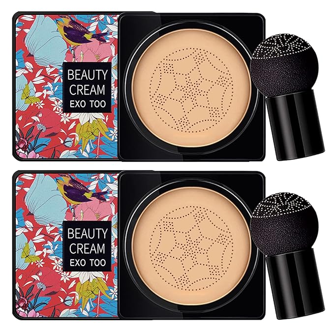 2 Pack Mushroom Head Air Cushion CC Cream Foundation,Beauty Cream EXO TOO Moisturizing BB Cream, Long Lasting Matte Concealer with 2PCS Mushroom Head Sponges (Natural)-VivaGrace Women