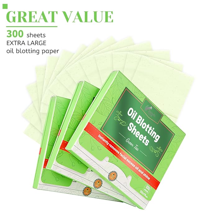 Oil Blotting Sheets for Face - Green Tea,26% Larger,3pk/300 Natural Blotting Paper for Oily Skin,Makeup Friendly Oil Absorbing Sheets,Easy To Grab One-VivaGrace Women