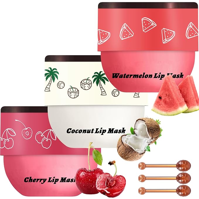 3 PCS Bee Lip Balm Lip Mask Honey Pot, Watermelon & Cherry & Coconut Lip Mask Propolis Moisturizing Lip, Hydrating Prevention Dry and Cracked Lip Scrubs Exfoliator (Watermelon & Cherry & Coconut)-VivaGrace Women
