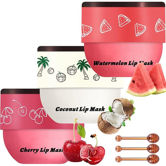 3 PCS Bee Lip Balm Lip Mask Honey Pot, Watermelon & Cherry & Coconut Lip Mask Propolis Moisturizing Lip, Hydrating Prevention Dry and Cracked Lip Scrubs Exfoliator (Watermelon & Cherry & Coconut)-VivaGrace Women