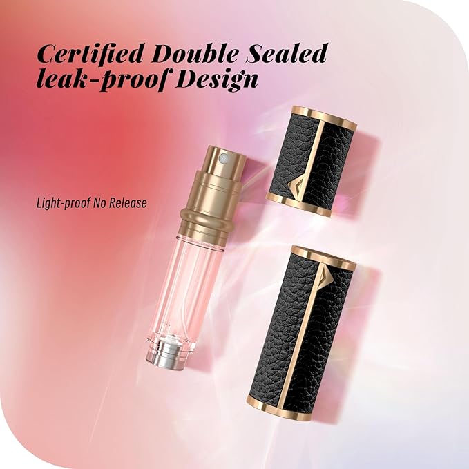 Perfume Travel Refillable Bottle,Genuine Leather Bottom-Filling Fragrances Perfume Atomizer,Mini Cologne Dispenser,Portable Sprayer Pocket Size for Cruise Car Trip Purse Gift 5ml (Black)-VivaGrace Women