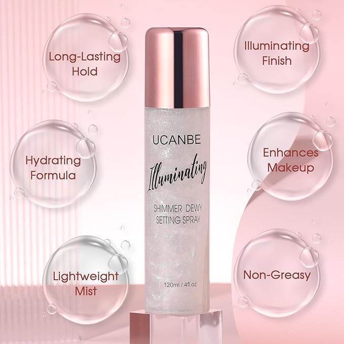 UCANBE Shimmer Dewy Setting Spray – Glowing + Makeup Setting Spray 2 in 1 Lightweight Formula for a Radiant Glow,Long-Lasting Face Mist for Face Body, 4 Fl Oz #Silver-VivaGrace Women