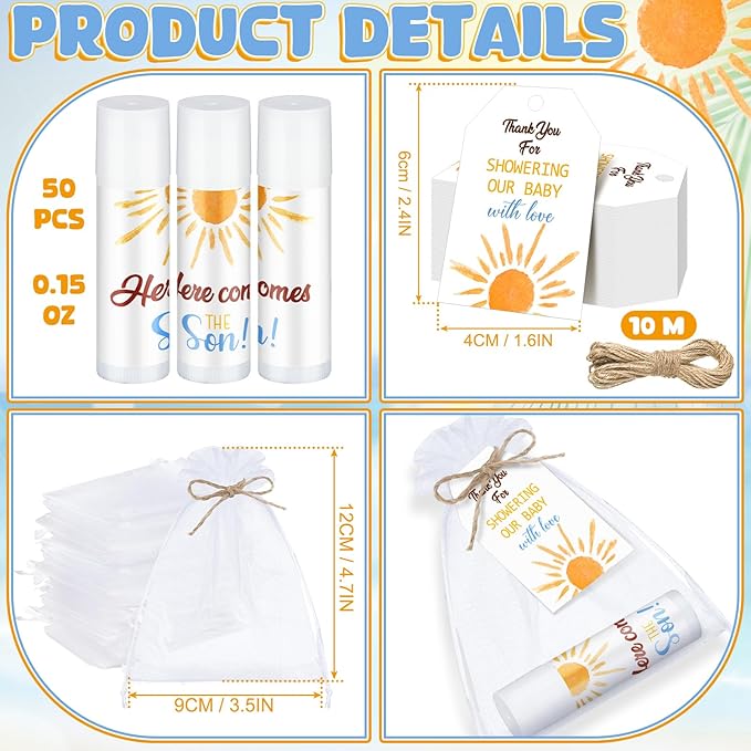 Dunzy 50 Pack Here Comes the Son Baby Shower Party Gifts Lip Balms Favors Bulk for Guests Boys Girls Gender Reveal Favors Baby Shower Game Prizes Souvenirs Goodie Bags Stuffers Thank You Gifts-VivaGrace Women