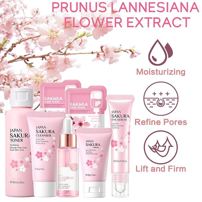 Skin Care Set Sakura Women Beauty Gift Sets Korean Skin Care Kit with Cleanser, Face Serum, Face Cream,Toner,Eye Cream,2Pcs Mud Mask - Skin Care Routine Kit for Women (SetC)-VivaGrace Women