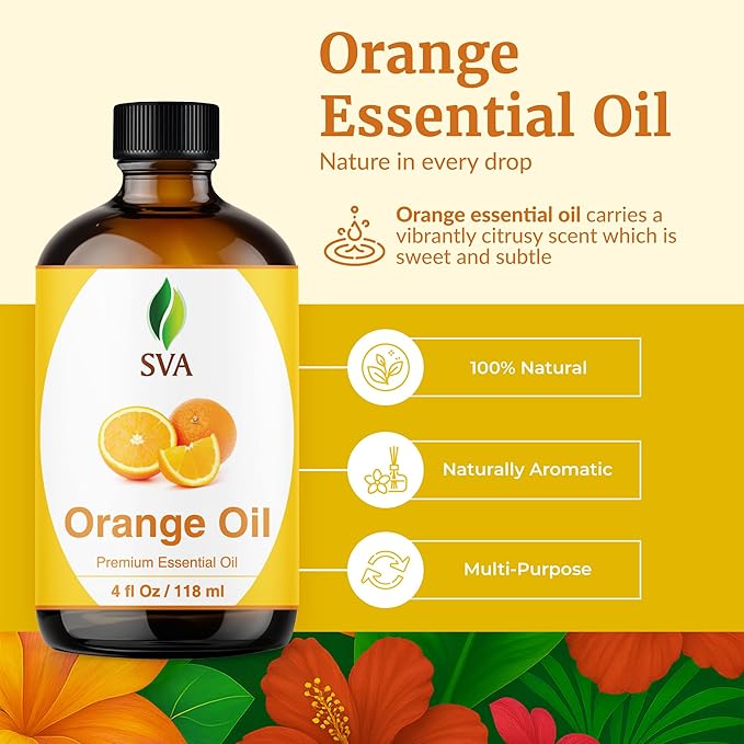SVA Orange Essential Oil – 4 Fl Oz – 100% Natural Orange Oil - for Diffuser, Hair Care, Face, Skin Care, Aromatherapy, Scalp and Body Massage, Soap and Candle Making - with Dropper-VivaGrace Women