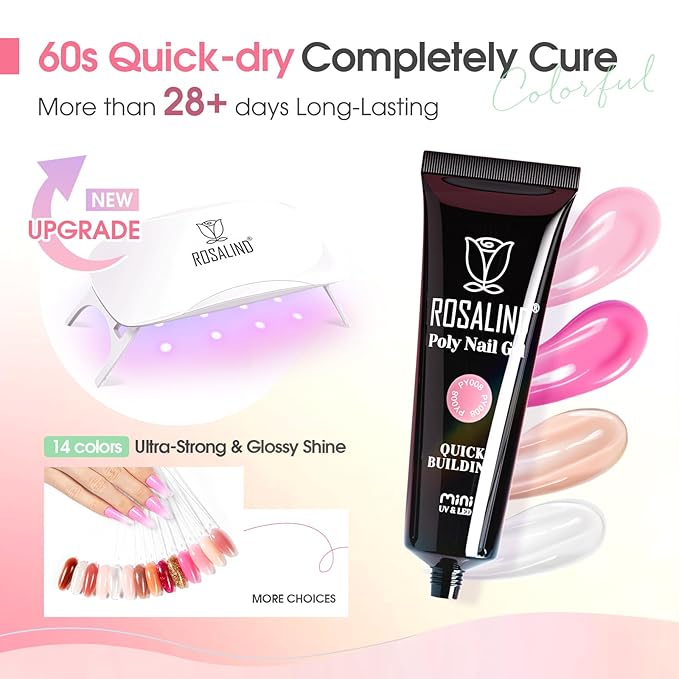 ROSALIND 14 Colors Poly Nail Gel Kit with Mini Nail Lamp Pink Brown Poly Nails Gel Kit Starter Kit With Slip Solution Kit Pink Extensions Gelfor Nail Manicure Beginner-VivaGrace Women