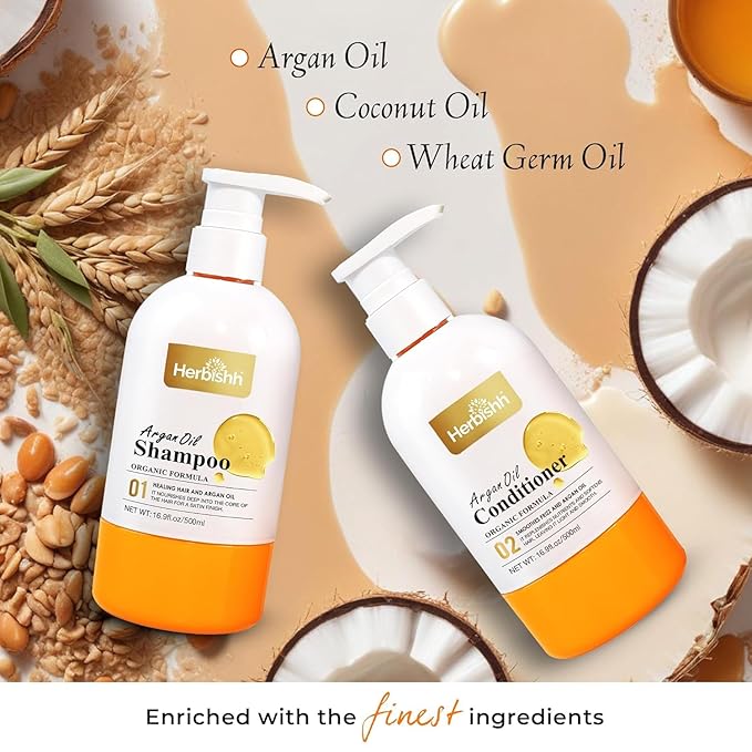 Herbishh Argan Hair Mask (150ml) + Argan Oil Shampoo & Conditioner (16.9 fl.oz Each) Hair Care Set – Deep Cleansing & Hydration, Ideal for Repairing Dry, Frizzy & Colored Hair – Sulfate & Paraben Free-VivaGrace Women