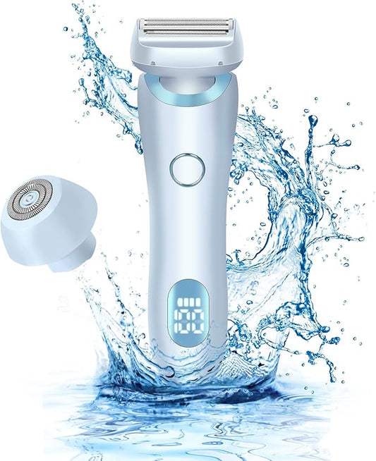Electric Shaver Razors for Women 2-IN-1 Electric Razor for Womens Legs Underarm Face Pubic Hairs,Wet Dry Use Rechargeable Bikini Trimmer Hair Removal with Detachable Head,Painless IPX7 Waterproof Blue-VivaGrace Women