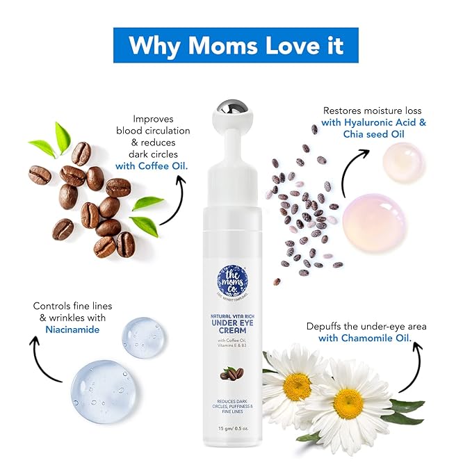 The Moms Co. Natural Vita Rich Under Eye Cream for Dark Circles and Puffiness for Women, Suitable for Delicate Skin Under Eye Area, Soothing Massage Roller with Coffee Oil, Vitamins E & B3, 15 gm-VivaGrace Women
