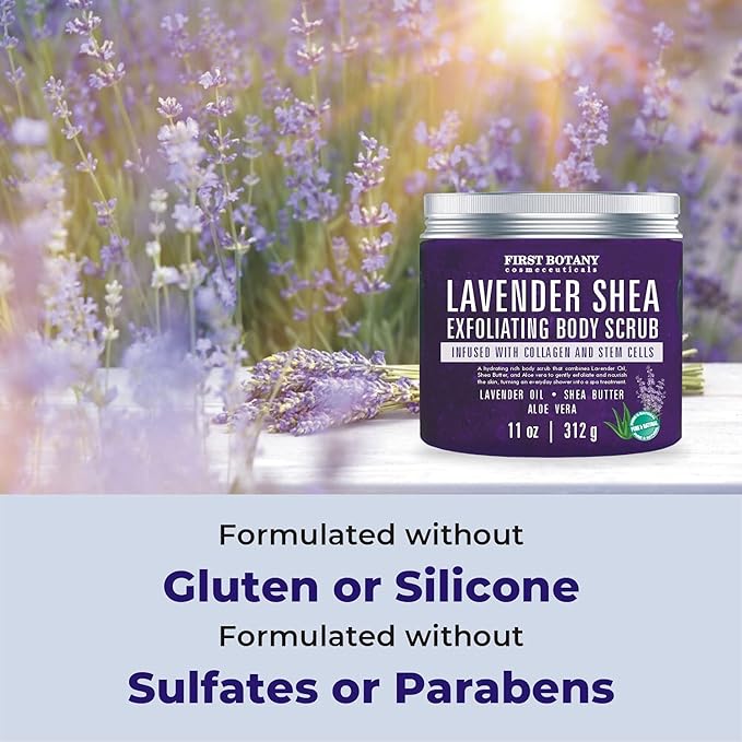 First Botany Body Scrub - Natural Exfoliating Salt Scrub & Body and Face Souffle helps with Moisturizing Skin, Acne, Cellulite, Dead Skin Scars, Wrinkles (10 fl oz, Lavender)-VivaGrace Women