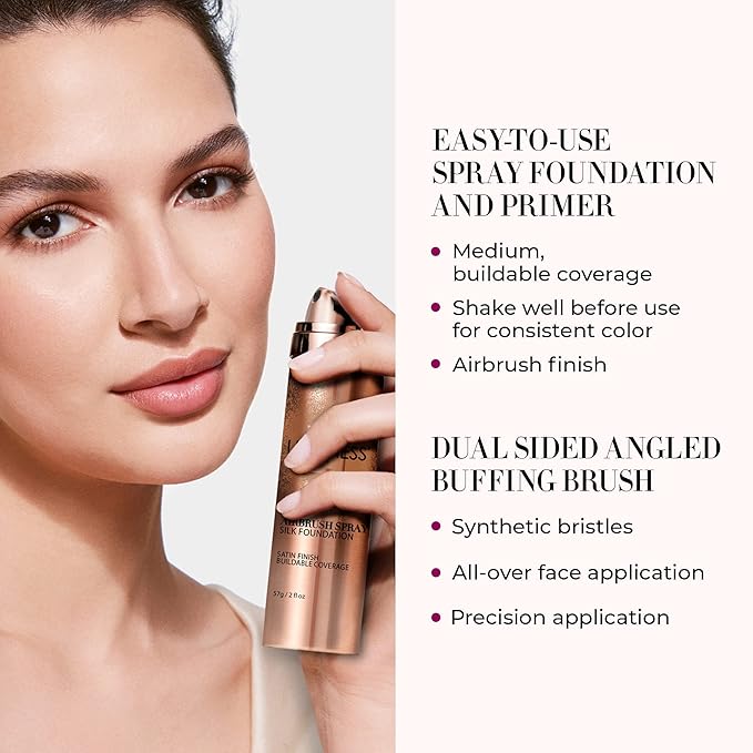 LUMINESS Airbrush Spray Silk Foundation Starter Kit - Warm Dark - Foundation, Primer & Dual-Sided Angled Buffing Brush - Medium, Buildable Coverage, Anti-Aging Formula Hydrates & Moisturizes-VivaGrace Women