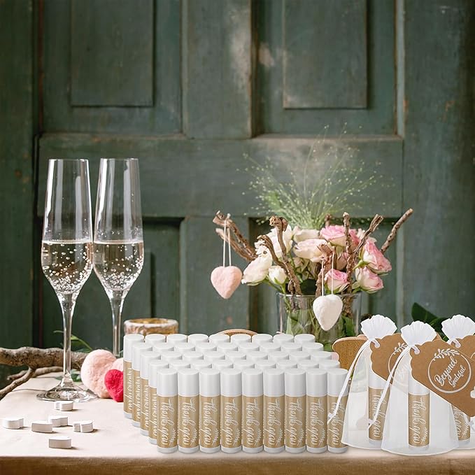 100 Set Thank You Lip Balm Bulk Small Natural Moisturizing Mini Lip Balm with Organza Bag and Card for Baby Wedding Bridal Shower Thank You Favors Bridesmaid Gifts Women Guests-VivaGrace Women