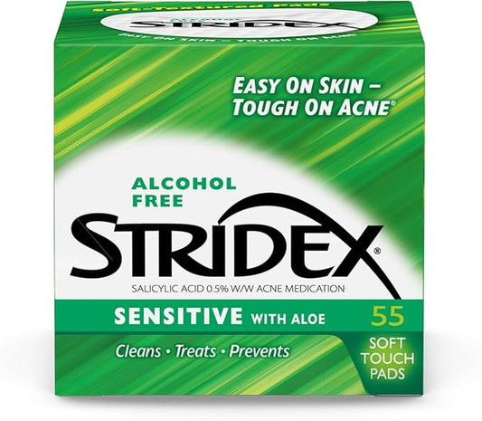 Stridex Medicated Acne Pads, Sensitive, 55 Count – Facial Cleansing Wipes, Alcohol Free Face Treatment, For Mild to Moderate, Smooth Application