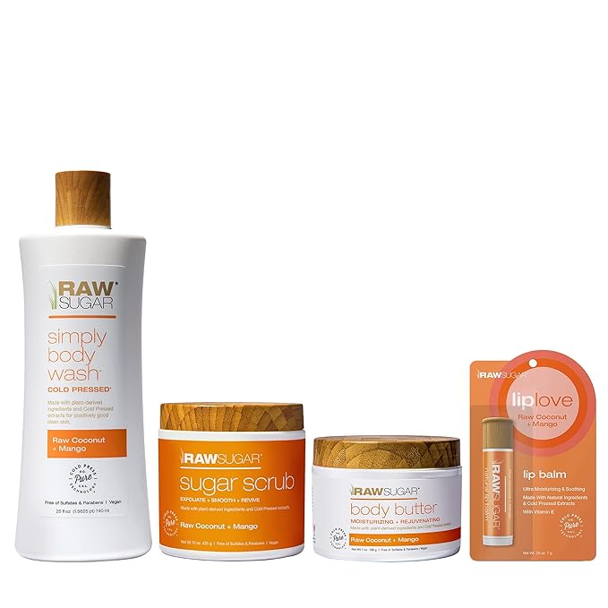 Raw Sugar Nourishing Raw Coconut + Mango Body Love Bundle - Body Wash, Body Scrub, Body Butter & Lip Balm, Clean, Made with Plant-Derived Ingredients, Formulated without Sulfates and Parabens-VivaGrace Women