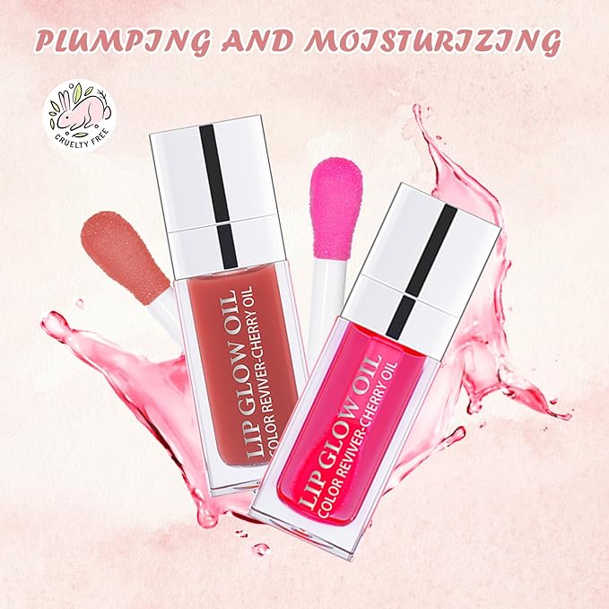 2PCS Lip Oil Set, Hydrating Lip Glow Oil Lip Plumper Gloss, Tinted Lip Oils Transparent Long Lasting Non-sticky Lip Gloss, Plumping Lip Gloss Lip Care Kit (Rosewood & Cherry)-VivaGrace Women