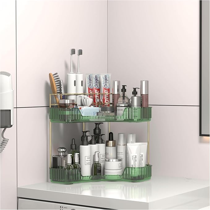 2 Tier Corner Bathroom Organizer Countertop, Vanity Makeup Organizer with Brush Holder, Space-Saving Skincare Storage Corner Shelf for Bathroom, Dressing Table, Kitchen-VivaGrace Women