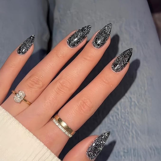 KQueenest Black Glitter Press on Nails Medium Almond Shape, Iridescent Shimmer Acrylic Fake Nails, Sparkling Gel Press Ons, Glossy Flash Glue on False Nails 24 Pcs