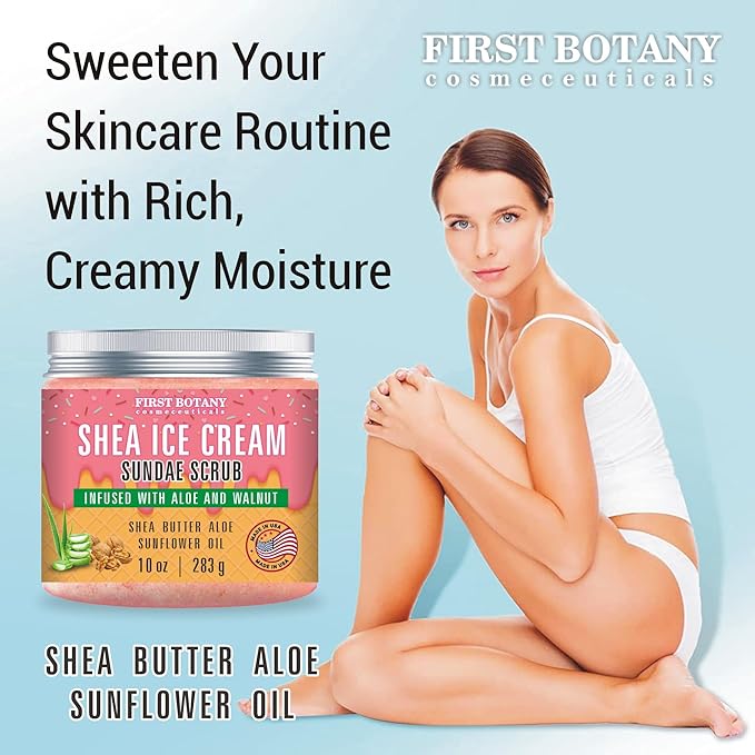 First Botany Body Scrub - Natural Exfoliating Salt Scrub & Body and Face Souffle helps with Moisturizing Skin, Acne, Cellulite, Dead Skin Scars, Wrinkles (10 fl oz, Shea Icecream)-VivaGrace Women