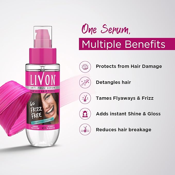 Livon Hair Serum for Men & Women | Frizz-free, stronger and shinier hair | Sulphate & Paraben free| For All Hair Types | Lightweight & Non Greasy | Enriched with Argan Oil & Vitamin E | 3.3 Fl.Oz-VivaGrace Women