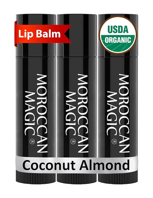 Moroccan Magic Organic Coconut Almond Lip Balm 3 Pack | Ultra-Hydrating Argan & Essential Oil Lip Moisturizer + Vitamin E | Natural Chapstick for Dry Lips | Smooth, Non-Toxic | Organic Lip Balm-VivaGrace Women