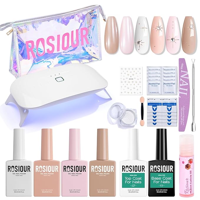 Gel Nail Polish Kit with U V Light, Hema-Free White Light Nude Pink Summer Gel Polish Set with Base & Top Coat Chrome Nail Powder, 4 Colors Mini Salon Nail Art Starter Gift for Women Girl-VivaGrace Women