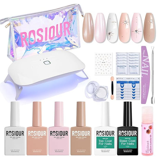 Gel Nail Polish Kit with U V Light, Hema-Free White Light Nude Pink Summer Gel Polish Set with Base & Top Coat Chrome Nail Powder, 4 Colors Mini Salon Nail Art Starter Gift for Women Girl-VivaGrace Women