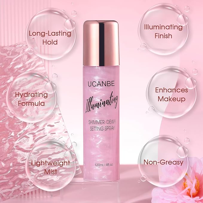 UCANBE Shimmer Dewy Setting Spray – Glowing + Makeup Setting Spray 2 in 1 Lightweight Formula for a Radiant Glow,Long-Lasting Face Mist for Face Body, 4 Fl Oz #Bubblegum-VivaGrace Women