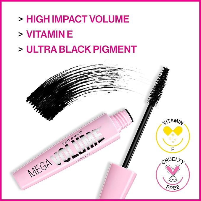 wet n wild Mascara Mega Volume - Vitamin E Enriched Volumizing, Smudge-Resistant Formula, Cruelty-Free, Gluten-Free, Sulfate-Free & Vegan - Black