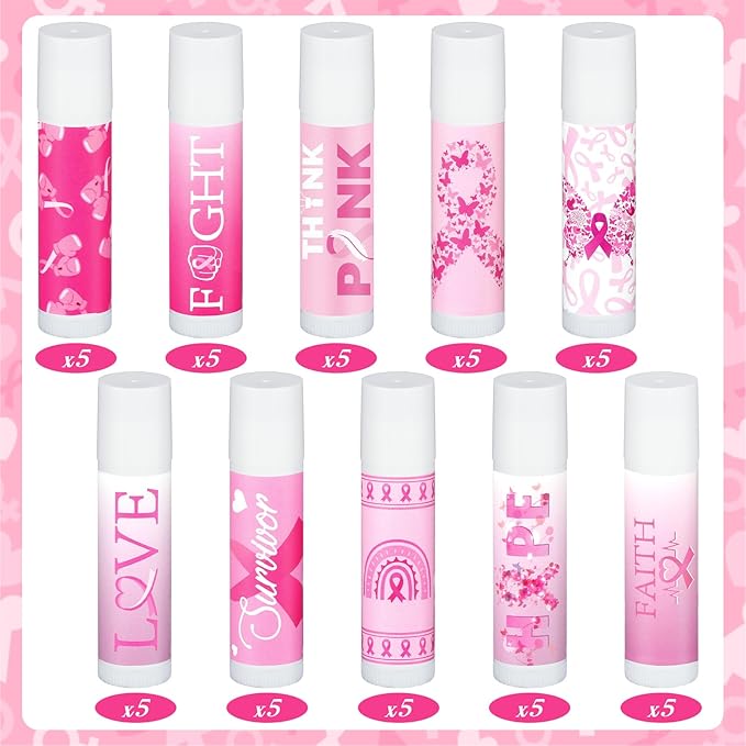 50 Pack Breast Cancer Awareness Favors Bulk Lip Balms Gifts Pink Ribbon Lip Balms Favors Breast Cancer Awareness Month Accessories Support Party Items Decorations for Women Men Survivors-VivaGrace Women
