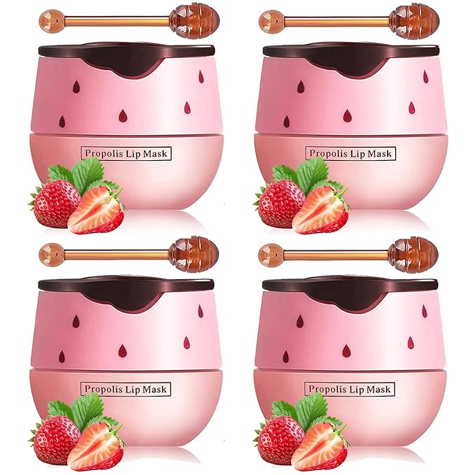 Honey Lip Balm Pot, Propolis Lip Mask, Strawberry Hydrating Propolis Lip Sleeping Mask, Prevent Dry&Cracked, Lip Repair Nourishes the Lip Skin (4pcs Strawberry)-VivaGrace Women