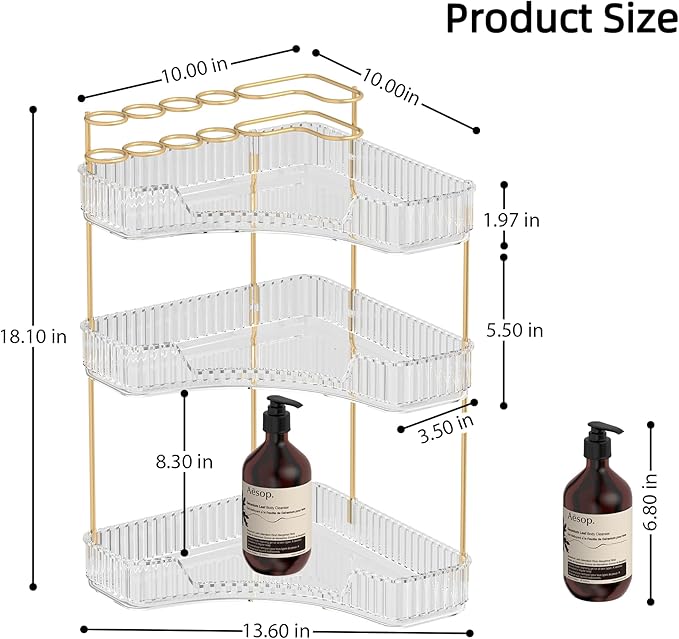 Makeup Organizer Countertop 3 Tier, Corner Bathroom Countertop Organizer with Toothbrush and Makeup Brush Holder, Corner Vanity Tray for Skincare Organization-VivaGrace Women