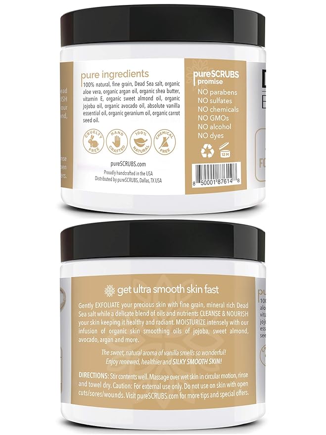 pureSCRUBS Premium Vanilla Body Scrub Set - Large 16oz Dead Sea Salt Body Scrub With Infused Essential Oils & Nutrients, Includes Wooden Spoon, Loofah & Oatmeal Exfoliating Bar Soap-VivaGrace Women