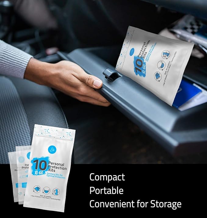 All-in-One Personal Protection Kits to GO - 10 Pack - With Plastic Gloves, Hand Cleansing Wipes, Disposable Face Mask-VivaGrace Women