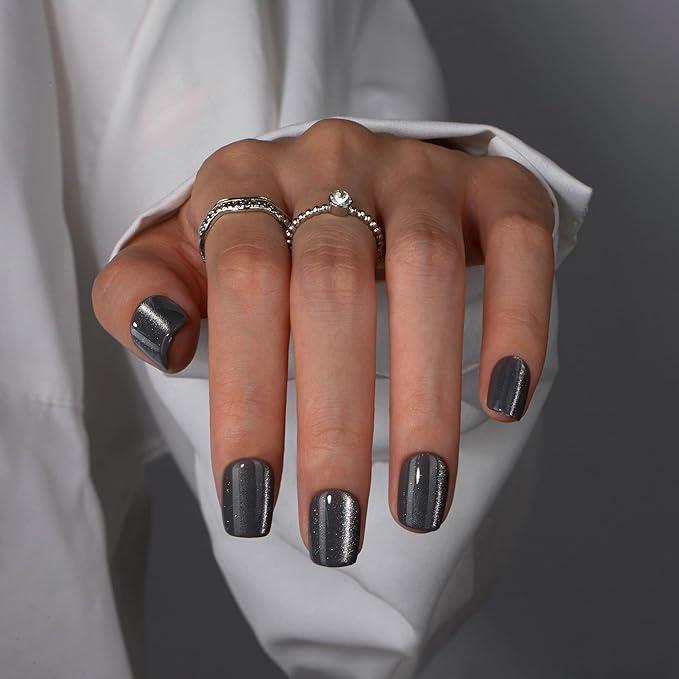 KQueenest Thick Cat Eye Gel Nails Press ons, Glitter Press on Nails Short Square, Sparkle Bling Fake Acrylic Nails Glue on Short, Shiny Cute Small False Nails Design for Manicure 30 Pcs, Dark Grey
