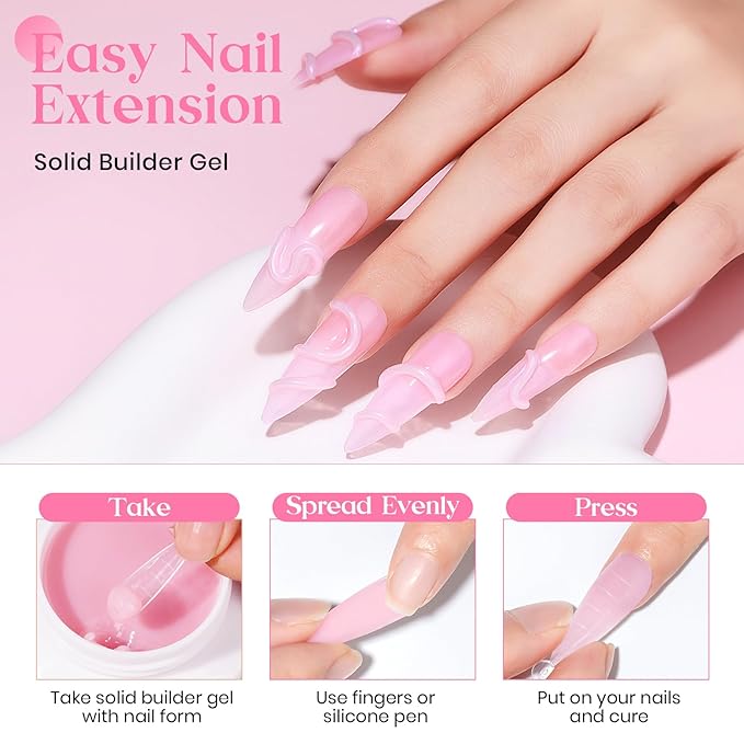 MIZHSE Solid Nail Builder Gel, 2.1 oz 60g Pink Builder Gels for Nails Non-Sticky Solid Builder Extensions Hard Gel with 24pcs Dual Forms and Silicone Pen 3D Art Manicure Set-VivaGrace Women
