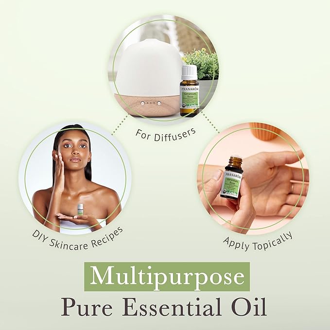 Pranarom USDA Certified Organic Rose Geranium Essential Oil (15ml), 100% Pure Undiluted Therapeutic Grade from Madagascar for Aromatherapy, Diffuser, Skincare, Relaxation, Pure Rose Scent-VivaGrace Women