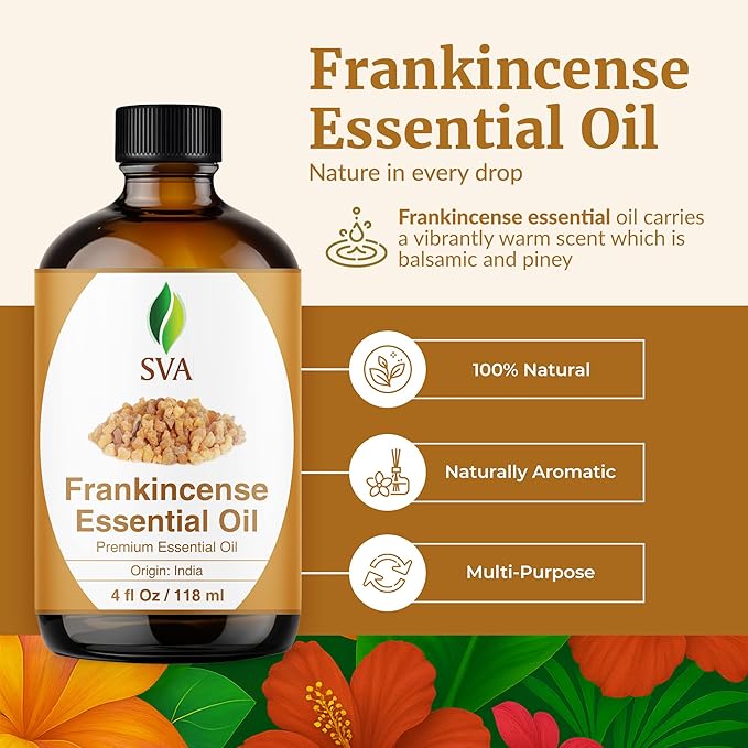 SVA Frankincense Essential Oil – 4 Fl Oz – 100% Natural Boswellia Serrata Oil - for Diffuser, Hair Care, Face, Skin Care, Aromatherapy, Scalp and Body Massage, Soap and Candle Making – with Dropper-VivaGrace Women