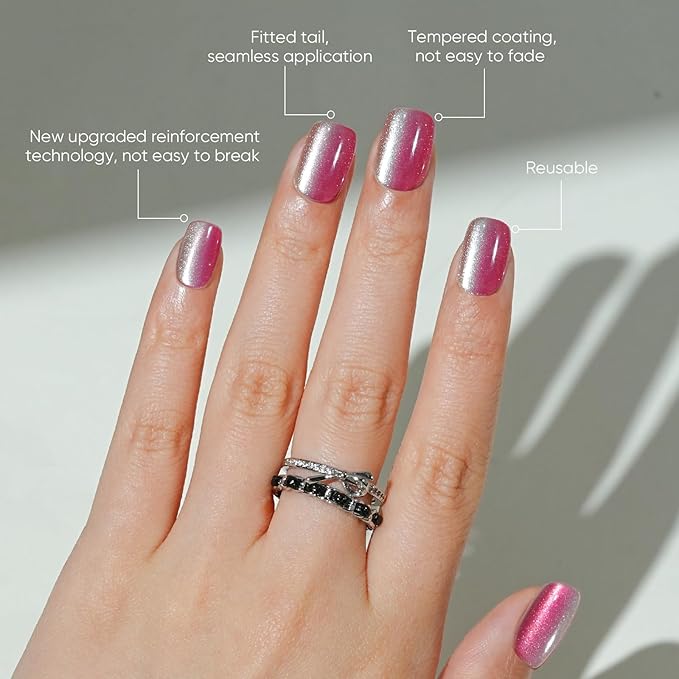 Press on Nails Short, Jofay Fashion Fake Nails, Two-color Ombre Cat Eye Press on Nails, Summer Acrylic False Nails, Reusable Stick on Nails for Women Girls, Glue on Nails Kit 32 Pcs, Cherry Sparkle
