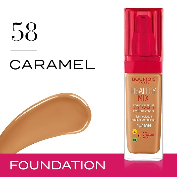 Bourjois Healthy Mix Anti-Fatigue Medium Coverage Liquid Foundation 58 Caramel, 30ml-VivaGrace Women