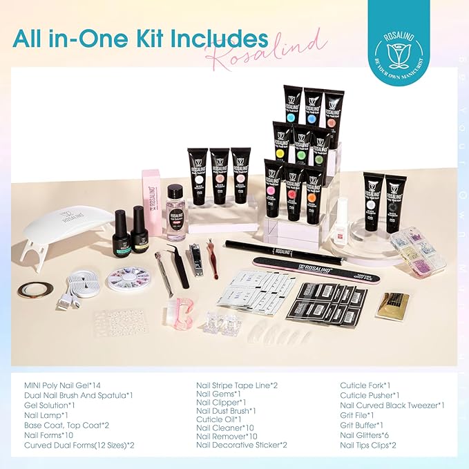 ROSALIND Poly Nail Gel Colors Kit -14 Colors +72 Nail Art Accessories kit Poly Nails Gel Kit Starter Kit with Mini UV Lamp Slip Solution Poly Nail Art Tools for Beginners with Everything-VivaGrace Women