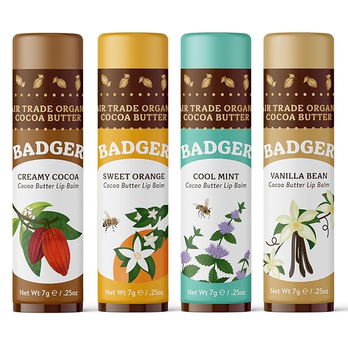 Badger - Cocoa Butter Lip Balm Set, Fair Trade, Certified Organic Lip Butter, Flavored, Cocoa, Vanilla, Orange, Mint, 0.25 oz (4 Pack)-VivaGrace Women