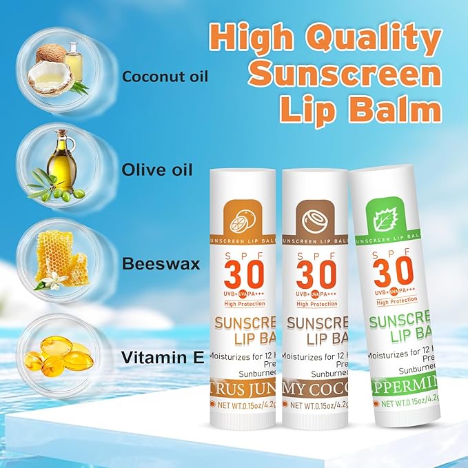 SPF 30 Lip Balm with Sunscreen, SPF Lip Balm Bulk Travel Size-16 Pack, Hydrating Lip Balm Pack with Vitamin E and Coconut Oil- 8 Flavors-VivaGrace Women