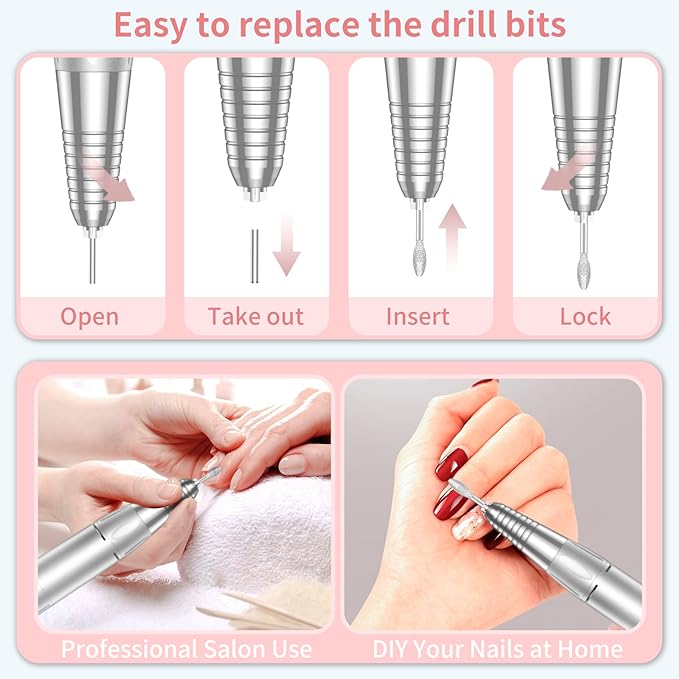 Portable Nail Drill Professional 35000 RPM, MOCOWIND Rechargeable Electric Nail File Machine E File for Acrylic Gel Polishing Removing, Cordless E-File with Bits Kit for Manicure Salon Home,Pink-VivaGrace Women