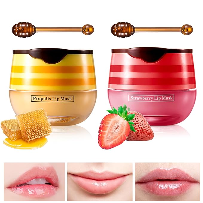 Lip Balm Honey Pot, Honey & Strawberry Lip Mask Propolis Moisturizing Lip Balm with Stick, Hydrating & Prevent Dry and Cracked Lip(2 Pcs)-VivaGrace Women