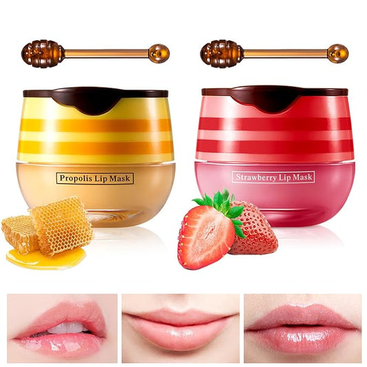 Lip Balm Honey Pot, Honey & Strawberry Lip Mask Propolis Moisturizing Lip Balm with Stick, Hydrating & Prevent Dry and Cracked Lip(2 Pcs)-VivaGrace Women