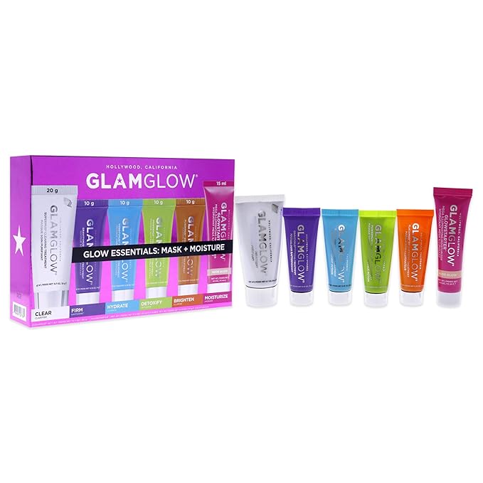 GLAMGLOW Glow Essentials Mask + Moisture Travel Set - SUPERMUD (0.7 oz), GLOWSTARTER NUDE (0.5 oz), GRAVITYMUD (0.35 oz), THRISTYMUD (0.35 oz), POWERMUD (0.35 oz) & FLASHMUD (0.35 oz)-VivaGrace Women