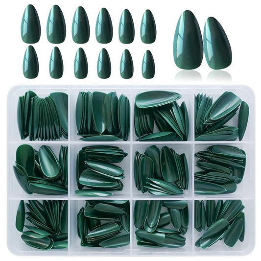 LoveOurHome 240pc Christmas Medium Press on Nails Almond Fake Nails Short Stiletto Almond Green Acrylic Nails Press ons Nail Full Cover False Artificial Nail with Glue Adhesive Tabs for Women Girls
