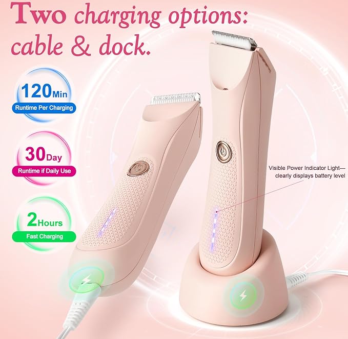 Riokko Bikini Trimmer for Women with LED Light and IPX7 Waterproof Dual Charging, Skin-Safe Cordless Pubic Hair Shaver with Battery Indicator-VivaGrace Women