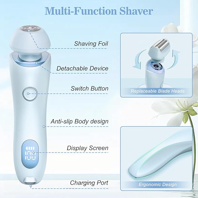 Livora Electric Shaver for Women, 2 in 1 Wet & Dry Bikini Trimmer with 2 Removable Heads, The Glide Pro 3.0 Razor, Painless Hair Removal for Bikini, Legs, Underarms, Body (Blue)-VivaGrace Women