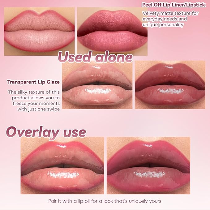 Dual-Ended Peel Off Lip Stain Liner, Long Lasting Waterproof Peel Off Lip Liner Tattoo with Nourishing Clear Gloss Combo Set, Transfer-Proof Non-Stick Cup Shiny Lips Tint Lipstick Makeup07-VivaGrace Women